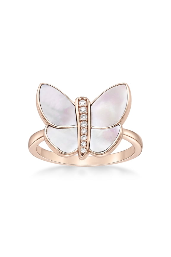 Mother of Pearl and Cubic Zirconia Butterfly Ring for Women in 925 Sterling Silver with Rose Gold Plating Size 6