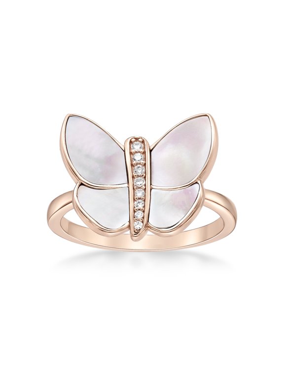 Mother of Pearl and Cubic Zirconia Butterfly Ring for Women in 925 Sterling Silver with Rose Gold Plating Size 7