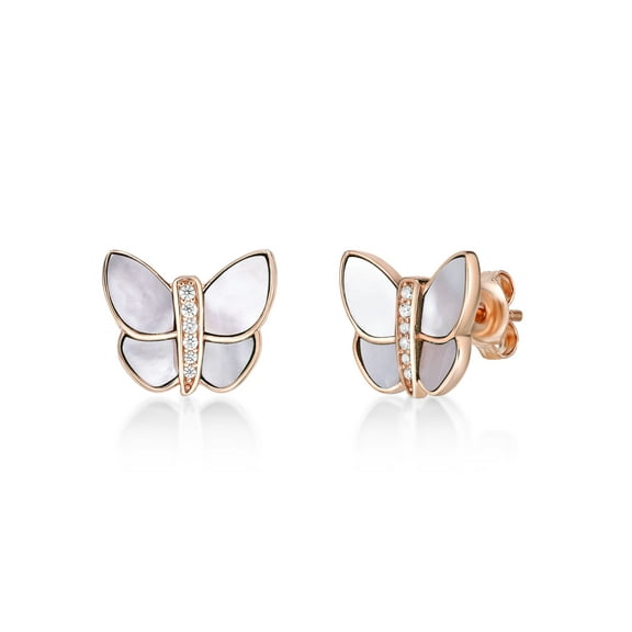 Mother of Pearl and Cubic Zirconia Butterfly Stud Earrings in 925 Sterling Silver with Rose Gold Plating with Friction Back by Lavari Jewelers