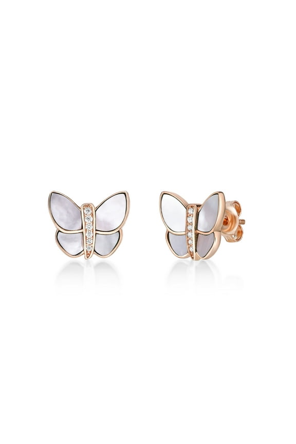 Mother of Pearl and Cubic Zirconia Butterfly Stud Earrings in 925 Sterling Silver with Rose Gold Plating with Friction Back by Lavari Jewelers