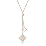 LAVARI JEWELERS Flora Women's Mother of Pearl Double Flower Pendant Necklace in Rose Gold Sterling Silver with Cubic Zirconia - 16- 18 Inch Adjustable Cable Chain