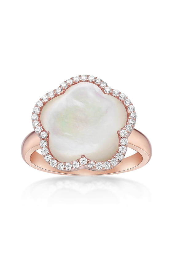 Mother of Pearl and Cubic Zirconia Five Petal Flower Ring in 925 Sterling Silver with Rose Gold Plating Size 8 by Lavari Jewelers
