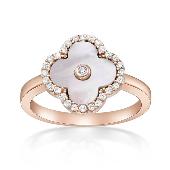 Mother of Pearl and Cubic Zirconia Four Leaf Clover Ring in 925 Sterling Silver with Rose Gold Plating Size 7