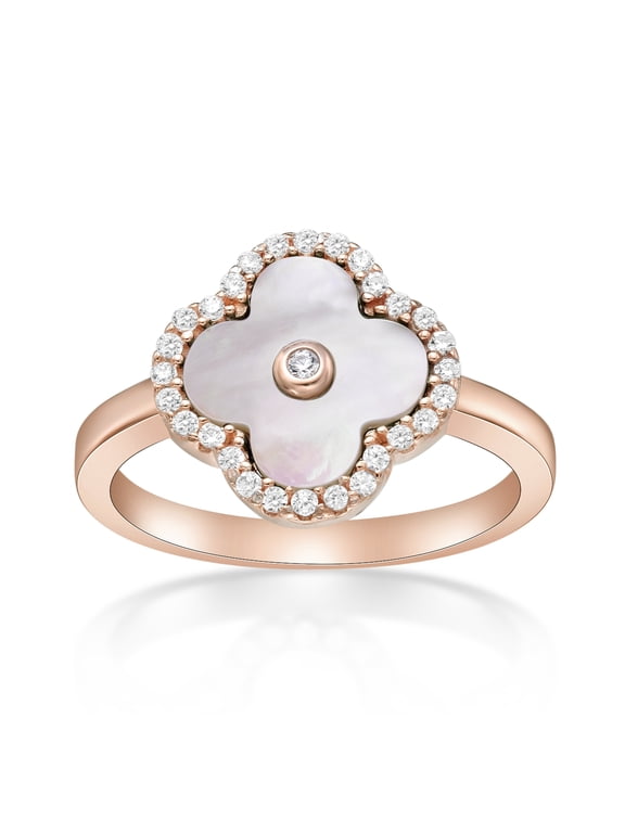 Mother of Pearl and Cubic Zirconia Four Leaf Clover Ring in 925 Sterling Silver with Rose Gold Plating Size 7