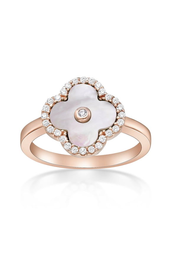 Mother of Pearl and Cubic Zirconia Four Leaf Clover Ring in 925 Sterling Silver with Rose Gold Plating Size 7