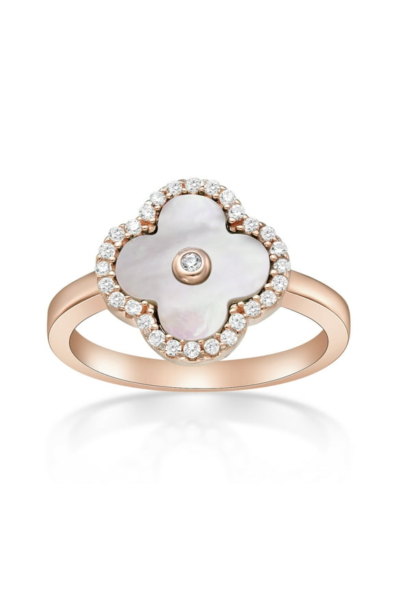 Mother of Pearl and Cubic Zirconia Four Leaf Clover Ring in 925 Sterling Silver with Rose Gold Plating Size 8