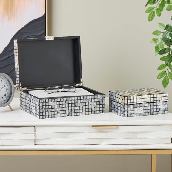 Mother of Shell Geometric Handmade Decorative Box Square Mosaic Storage Decorative Keepsake Box with Beige Accents, Set of 2 Storage Box 12", 8"W, Gray