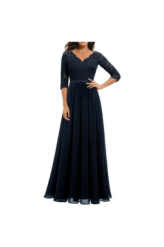 Mother of The Bride Dresses for Wedding A Line V Neck 3/4 Sleeve Long Chiffon Lace Sequin Formal Evening Dress