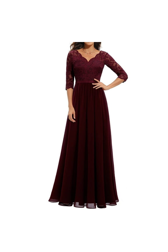 Mother of The Bride Dresses for Wedding A Line V Neck 3/4 Sleeve Long Chiffon Lace Sequin Formal Evening Dress