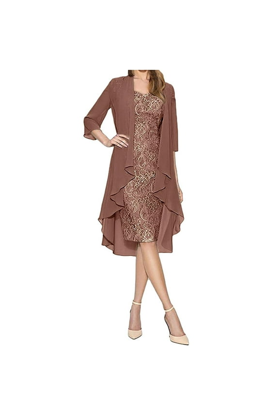 Mother of The Bride Dresses for Wedding,Women's Two Pieces Lace Chiffon Dress with Cardigan Solid 3/4 Sleeve Charming Dresses