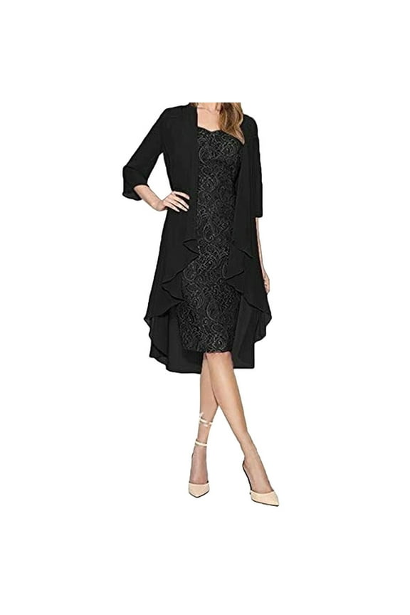 Mother of The Bride Dresses for Wedding,Women's Two Pieces Lace Chiffon Dress with Cardigan Solid 3/4 Sleeve Charming Dresses