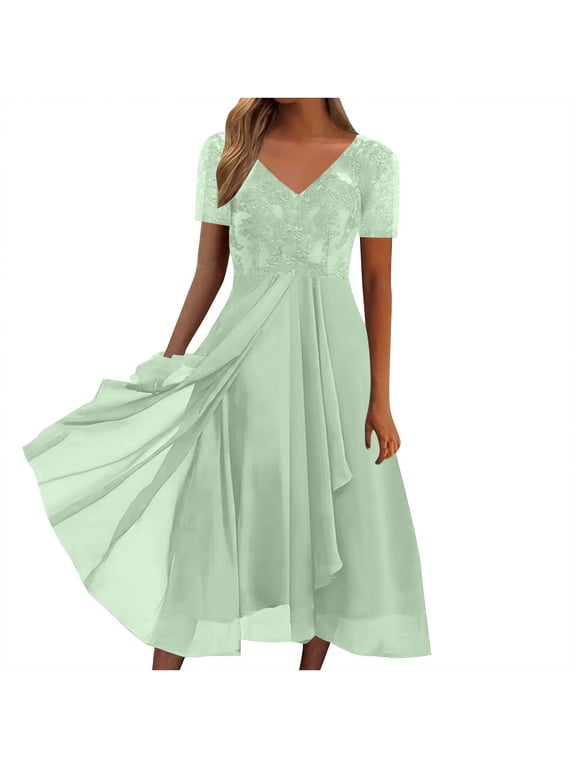 Mother of The Bride Dresses for Women Elegant Lace Chiffon V Neck Flowy Dress Formal Evening Party Gown for Wedding