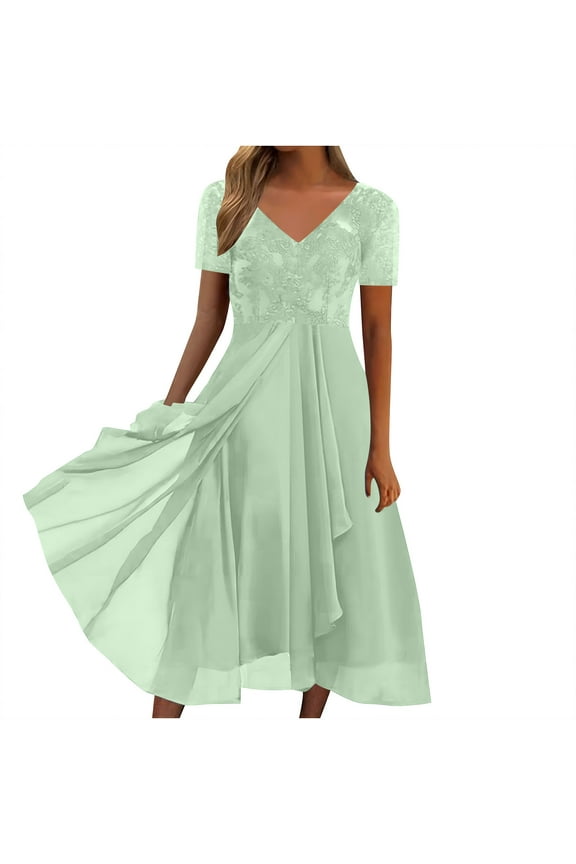 Mother of The Bride Dresses for Women Elegant Lace Chiffon V Neck Flowy Dress Formal Evening Party Gown for Wedding