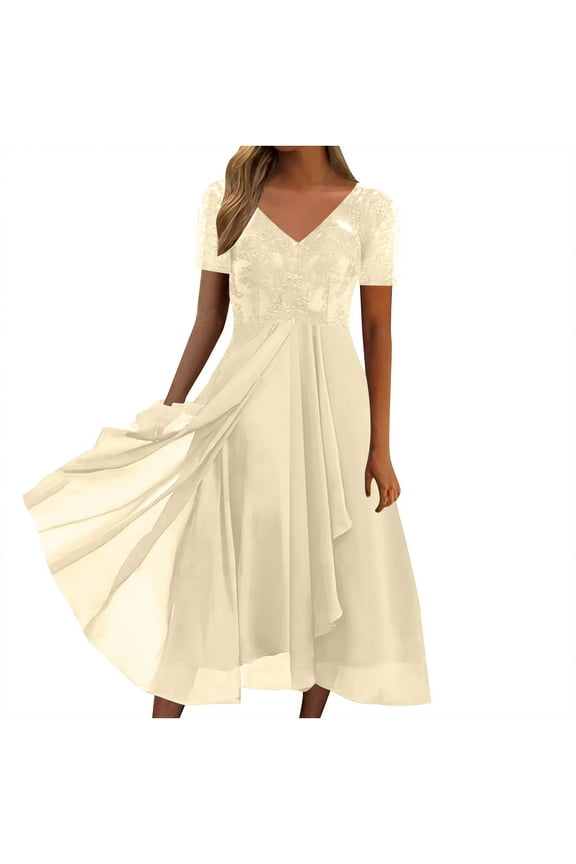 Mother of The Bride Dresses for Women Elegant Lace Chiffon V Neck Flowy Dress Formal Evening Party Gown for Wedding