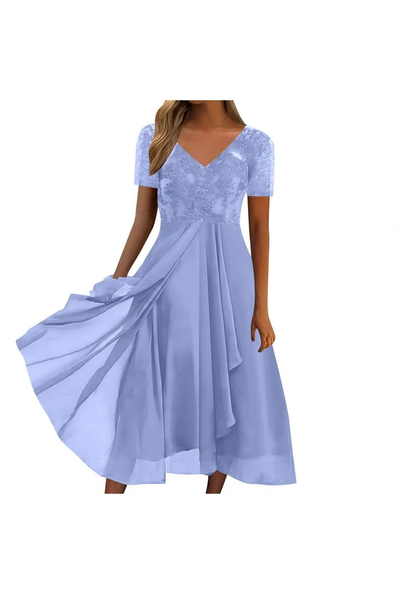 Mother of The Bride Dresses for Women Elegant Lace Chiffon V Neck Flowy Dress Formal Evening Party Gown for Wedding