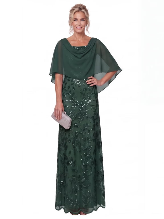 Mother of The Bride Gown with Chiffon Cape, Cowl Neck Leaf Sequin Embroidery Column Floor Length Formal Evening Dress