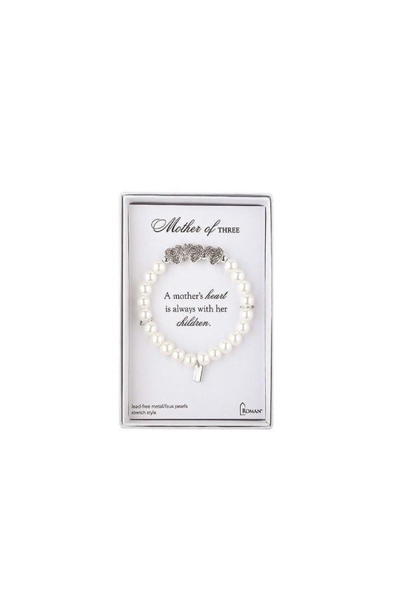 Mother of Three White Faux Pearl Stretch Bracelet 7"