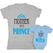 Mother of a Prince & Son of a Queen Mommy And Baby Boy Matching Set Shirt Bodysuit Clothing Baby 24M / Women Small, Women Gray / Baby Aqua