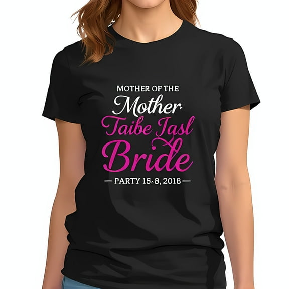 Mother of the Bride Black Cotton T-Shirt with Hot Pink Script Design - Bridal Shower Party 15-8-2018