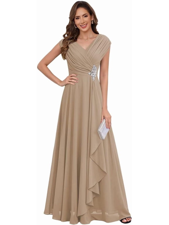 Mother of the Bride Dress Chiffon Ruched Lace Applique Floor Length Gown