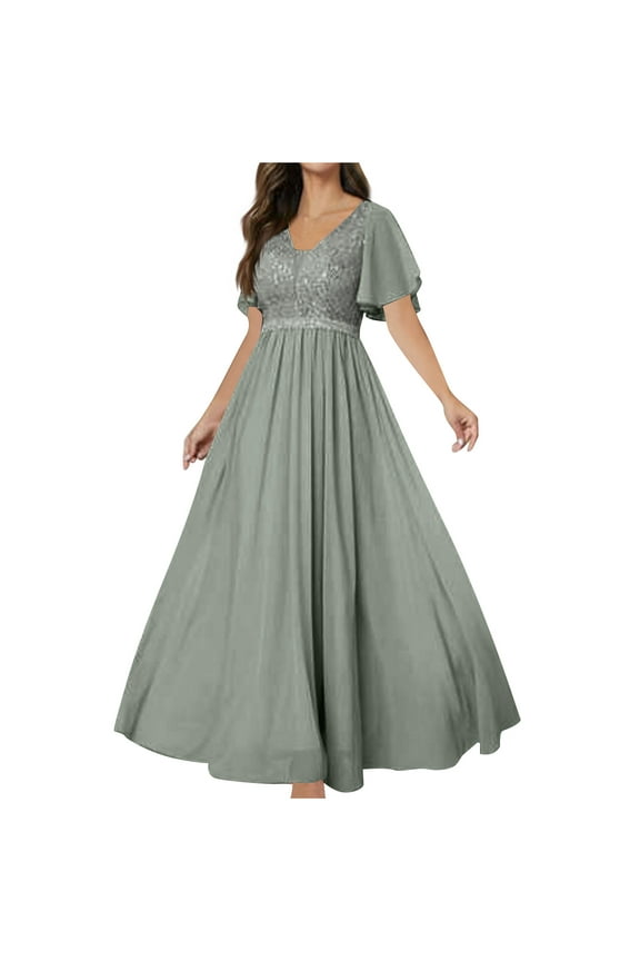 Mother of the Bride Dresses Chiffon Ruffle Sleeves Gowns Wedding Dresses V Neck Formal Evening Party Gowns
