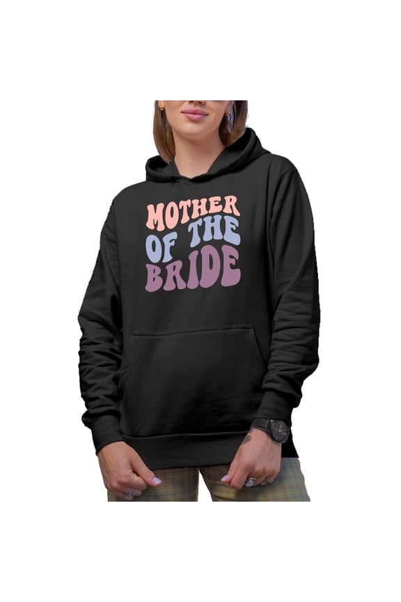 Mother of the Bride, Wedding Day, Marriage or Bridal Shower Themed, Groovy Retro Wavy Text Merch Gift, Black Hooded Sweatshirt or Hoodie, Large