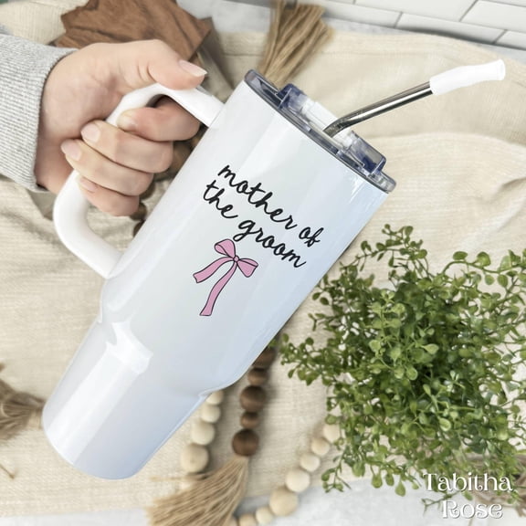 Mother of the Groom Tumbler, 40oz Stainless Steel Tumbler, Minimalist Wedding Gift with Pink Bow, Elegant Mom Cup, Bridal Party Drinkware
