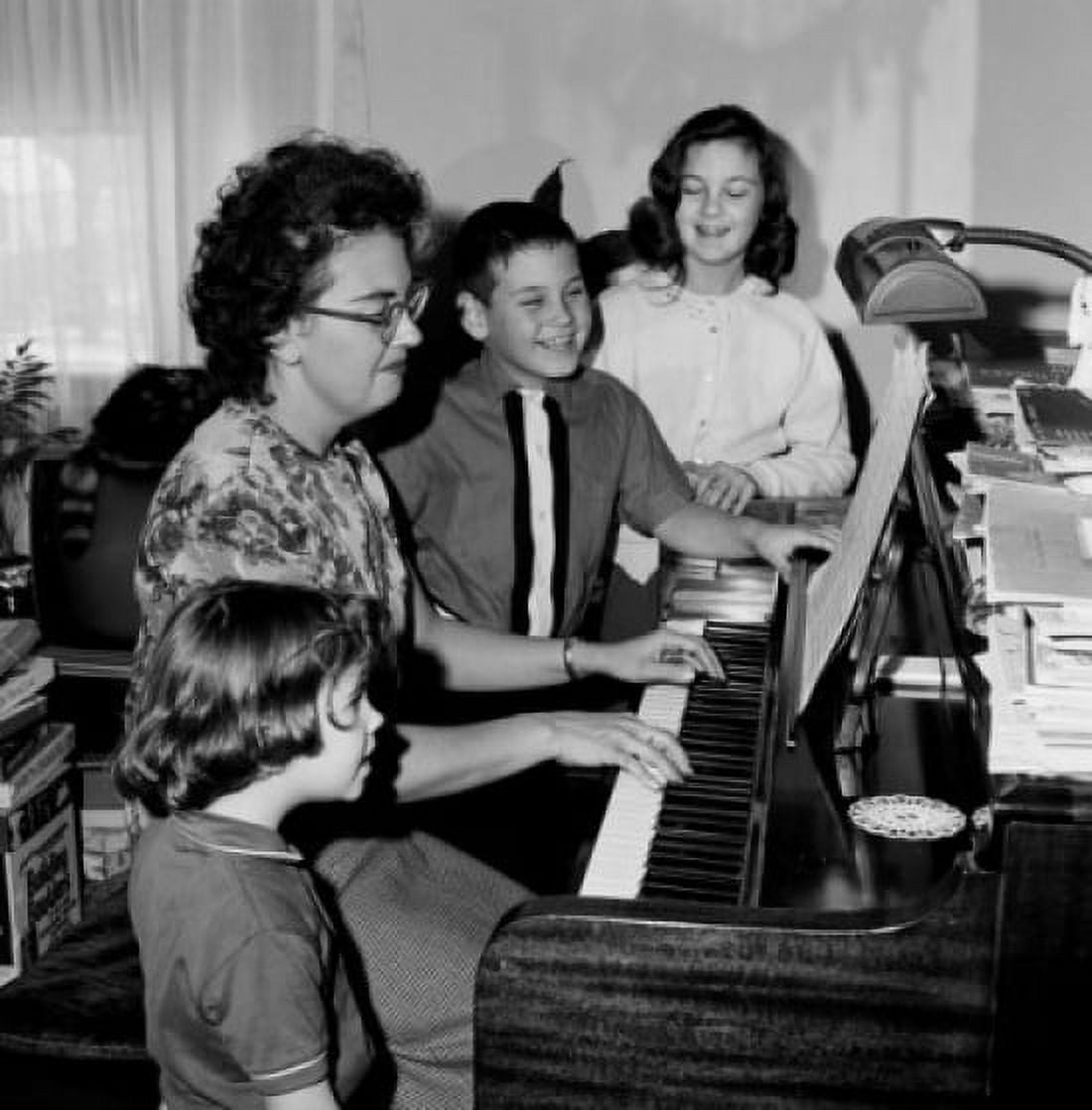 Mother playing piano and children singing Canvas Art - (24 x 36)