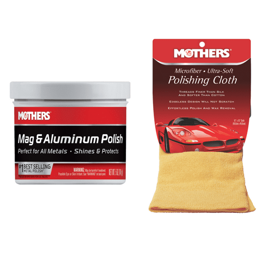 Mother's 05100/155200 Mag & Aluminum Polish 5 oz and Mother's Microfiber Ultra-Soft Polishing Cloth