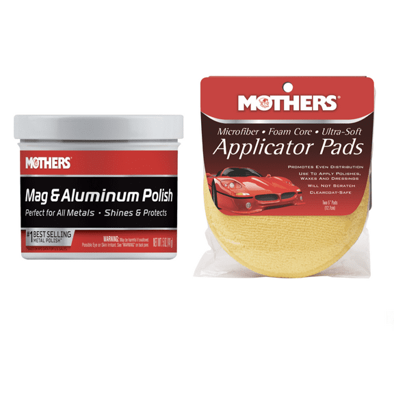 Mother's 05100/156500 Mag & Aluminum Polish 5 oz. and Mother's Microfiber Foam Core Applicator Pads