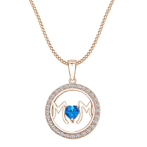 AFFY Mother's DAY Jewelry Gifts Simulated Blue Topaz & White Cubic Zirconia Circle Frame Mom Heart Pendant Necklace In 14k Rose Gold Over Sterling Silver