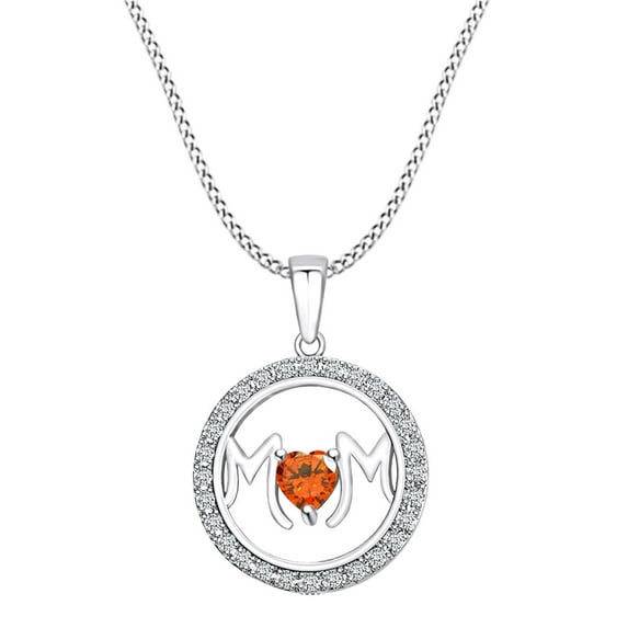 AFFY Mother's DAY Jewelry Gifts Simulated Citrine & White Cubic Zirconia Circle Frame Mom Heart Pendant Necklace In 14k White Gold Over Sterling Silver