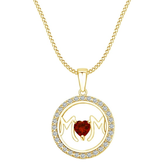 AFFY Mother's DAY Jewelry Gifts Simulated Garnet & White Cubic Zirconia Circle Frame Mom Heart Pendant Necklace In 14k Yellow Gold Over Sterling Silver