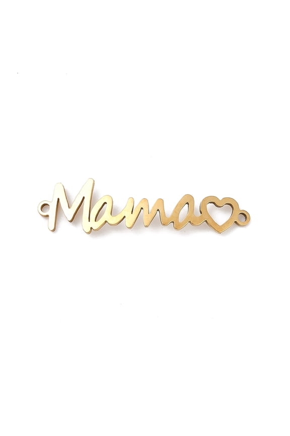 Mother's Day 201 Stainless Steel Connector Charms Word Mama Heart Links Real 18K Gold Plated 9x33.5x3mm Hole: 1.4mm