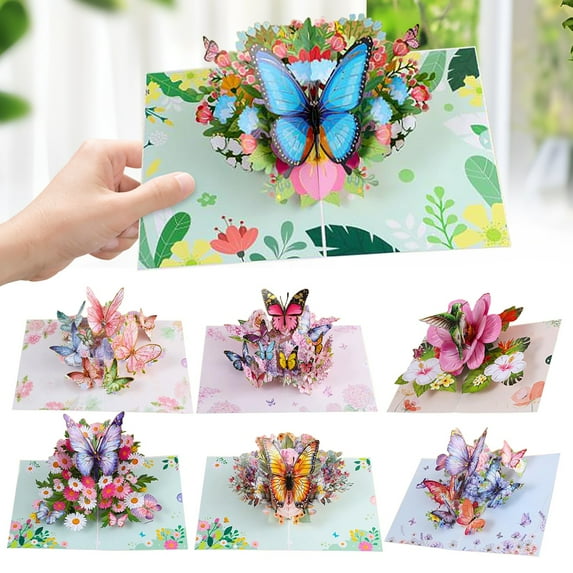 Mother's Day 3D Butterfly Pop-Up Greeting Card with Paper Carved Flowers, Festive Blessing Bouquet Folding Card