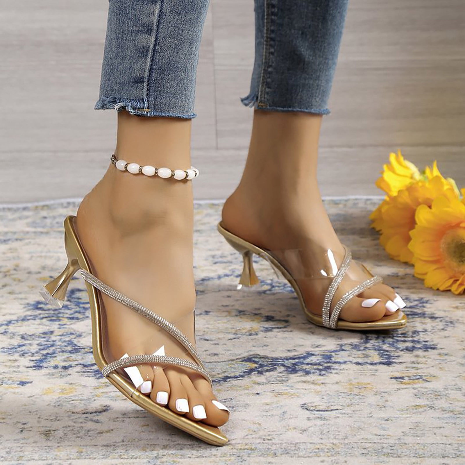 Summer Saving Clearance AXXD Summer Middle Heels Crystal Slim Sandal Gold Womens House Shoes Slippers Christmas Size 37 US 6