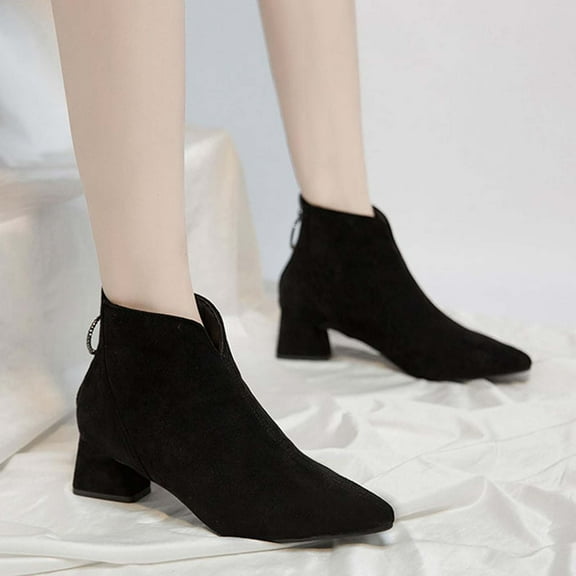 Mother's Day AXXD Women's Chunky Zip Solid Color Pointy Toe Middle-Heels Boots Woman Fall Boots Clearance Black Size 35(US:4)