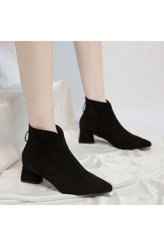 Mother's Day AXXD Women's Chunky Zip Solid Color Pointy Toe Middle-Heels Boots Woman Fall Boots Clearance Black Size 35(US:4)