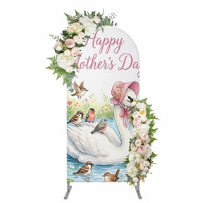 Mother's Day Arch Backdrop Cover 4FT, Spring Floral Swan Sparrow on Lake Watercolor Spandex Fitted Stretchy Arch Stand Covers, Round Top Chiara Backdrop Cover for Wedding Party Birthday Baby Shower