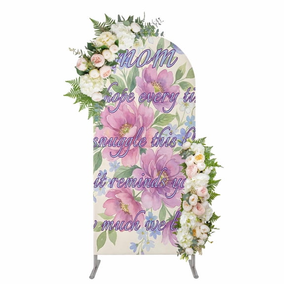 Mother's Day Arch Backdrop Cover 4FT, Warm Mom Quote Pink Flowers Spring Beige Spandex Fitted Stretchy Arch Stand Covers, Round Top Chiara Backdrop Cover for Wedding Party Birthday Baby Shower