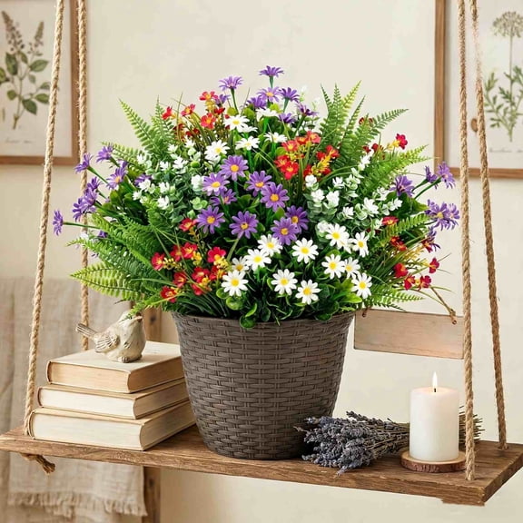 Mother's Day Artificial Green and Chamomile Plastic Flowers, Fake Bouquet for Indoor/Outdoor Decor Table Centerpiece, No Watering Needed, Long Lasting, Ideal for Moms Patio or Kitchen Counter
