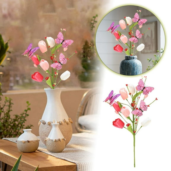 Mother's Day Artificial Tulip Bouquet with Butterfly Accents - 17.72" Lifelike Flowers for Wedding, Home & Table Decor - Spring/Summer Floral Arrangement