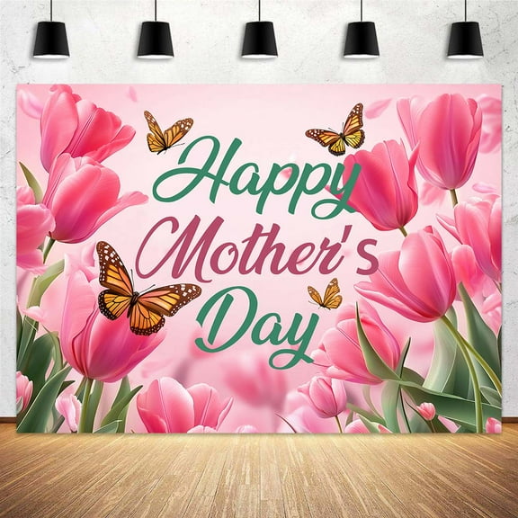 Mother's Day Backdrop, Happy Mother's Day Flowers Pink Tulip Rose Photography Background, Mothers Day Party Decorations Seasonal Holiday I Love You Mom Background Photo Booth Studio Props 5x3ft