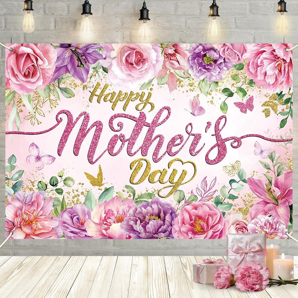 Mother's Day Backdrop Pink Purple Floral Happy Mother's Day I Love Mom ...