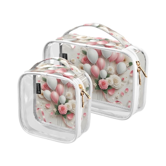 Mother's Day Balloons Clear Cosmetic Bags with Handles PVC Toiletry Bags Zipper Waterproof Portable for Traveling 2 Pcs
