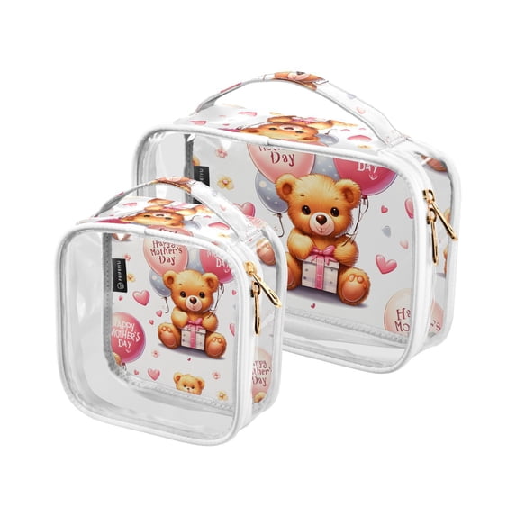 Mother's Day Balloons Teddy Bears Clear Cosmetic Bags with Handles PVC Toiletry Bags Zipper Waterproof Portable for Traveling 2 Pcs