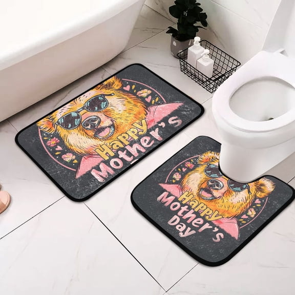 Mother's Day Bear Sunglasses 2 Pcs Bathroom Rug Non-Slip Bathroom Mats Water Absorption Toilet Carpet Washable Shower Rugs for Bathroom Floor Tub Shower