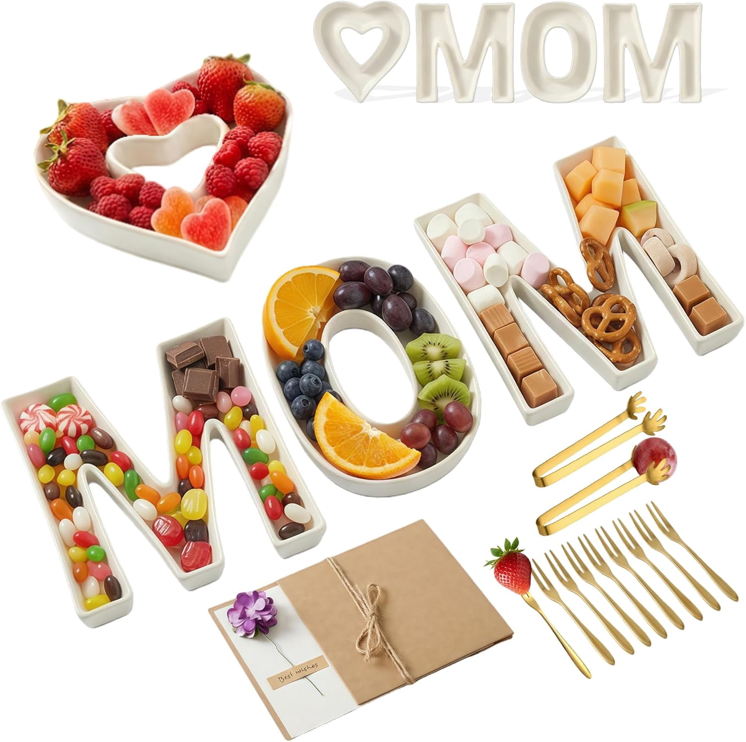 Mother’s Day & Birthday Gifts for Mom - Ceramic "MOM" Letter Candy Dishes & Charcuterie Board Set with 12 Gold Serving Utensils & 3D Greeting Card - Unique Table Decor for Party & Afternoon Tea