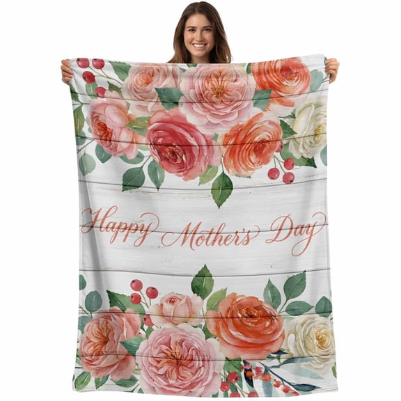 Mother's Day Blanket Soft Cozy Warm Throw Blanket for Couch, Plush Fuzzy Flannel Blankets for Sofa, Watercolor Flowers Leaves Berry Wooden Gray Bed Blankets Lightweight Gifts for Women, 32"x48"