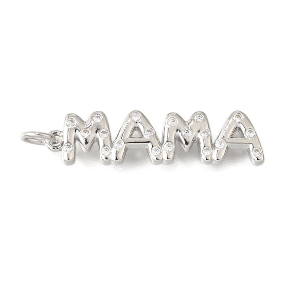 Mother's Day Brass Micro Pave Cubic Zirconia Pendants Word Mama Long-Lasting Plated with Jump Ring Lead Free & Cadmium Free Rack Plating Platinum 7x28x2mm